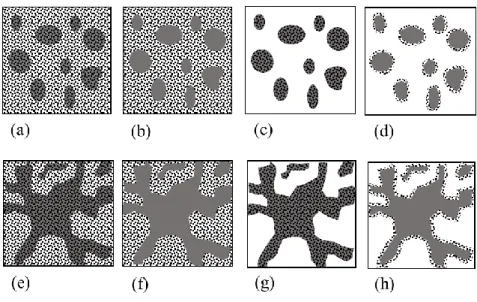 Fig. 1-6 Possible uneven distributions of CNTs in an immiscible polymer blend. (a) - (d)  represent sea-island structure, while (e) - (h) show co-continuous structure with different  CNT localizations