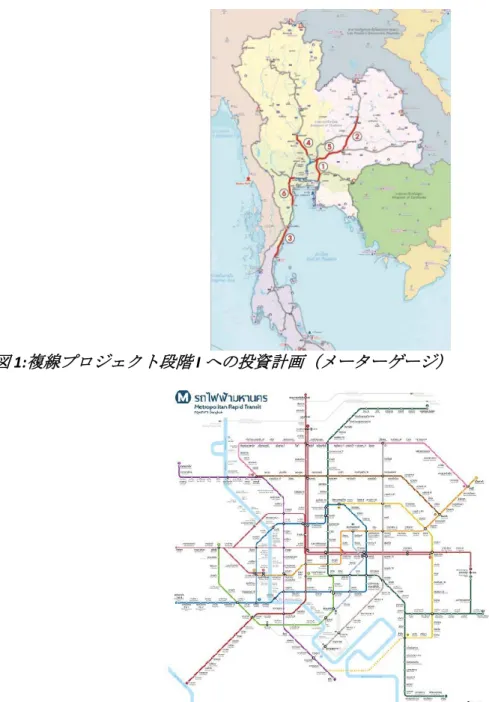 図  1: 複線プロジェクト段階 I  への投資計画（メーターゲージ） 図  2: バンコク首都圏における大量高速輸送への投資計画 鉄道へのモーダルシフトの計画が合理的で誰もが賛同できるものであることは明確である。 少なくとも、過去 3 政権は軽微な違いこそあれ、実施の推進に対して肯定的な姿勢を見せて いる。しかしながら、鉄道インフラシステムへの巨額の投資から実りある利益を得るために は、いくつかの課題が政府を待ち受けている。以下に、課題について詳しく述べていく： A)  SRT の役割と責任  事業者とし