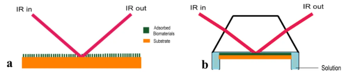 Figure 3.1 The reported optical configurations of a) vacuum IRRAS and b)  conventional narrow gap-solid solution interface IRRAS   