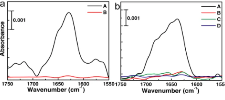 Fig. 2 The amide I bands of adsorbed proteins on a PEG- PEG-coated  prism  surface  measured  with  the  total  internal  reflection (TIR) arrangement