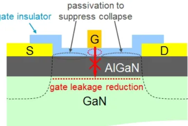 FIG. 1.11 Illustration of gate leakage reduction and passivation in AlGaN/GaN MIS-HFETs.