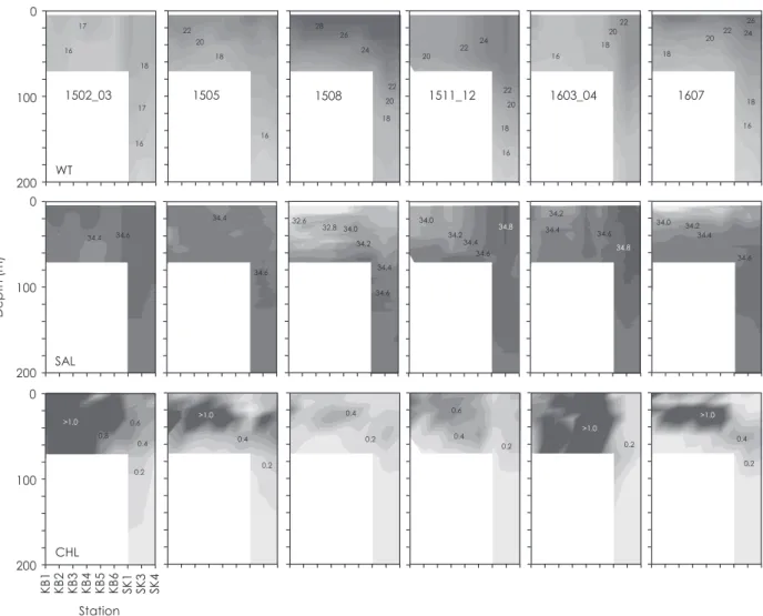Fig. 2. 　 Spatial variations of vertical proﬁles of water temperature  ( WT: ºC ) , salinity  ( SAL )  and chlorophyll  a   concentration  ( CHL: mg m −3 )  in the northern Satsunan area. The number in each panel stands for the year and  month of the ocean