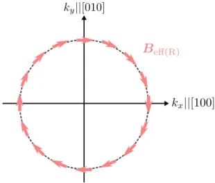 Fig. 1.3 RSOC における Fermi 円と有効磁場の方向 .