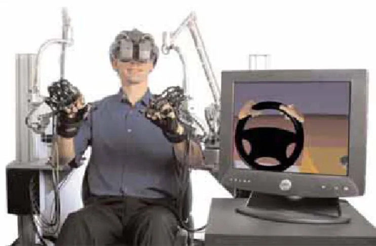 図 2.4  CyberGrasp（http://www.immersion.com/より転写） 2.3.5 FEELEX [17]  筑波大学の岩田らが開発している FEELEX は，ピンディスプレイ方式の触覚提示方 法を用いることで，三次元形状と硬さを表現できる装置を開発している．この方式は， プロジェクタによって映像が投影された机に丸い穴を開け，穴の中に上下に稼動する ピンが机の下から出している．そのむき出し状態のピンの上にスポンジや柔らかい布 をあて，ユーザはその布の上に手を置き，布の下で上下するピ