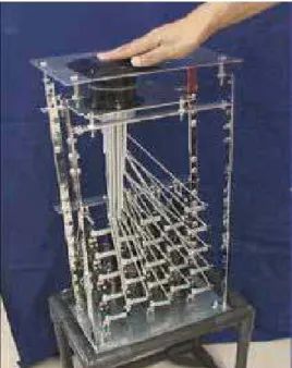 図 2.5  FEELEX（[17]より転写）  2.3.6 Actuated Workbench [19] 1997 年から，マサチューセッツ工科大学のメディアラボで石井が提唱している， Tangible Bits と呼ばれるデジタル情報を触覚で探知できるインタフェースについて研 究している．特に，1998 年に発表された PSyBench[18]では，先の岩田と同じように 机の上にプロジェクタで投影したコンピュータの画面の環境を用意し，机の下に電磁 石を取り付けた XY ステージを設け，机の上に置いた物