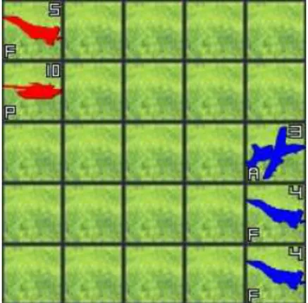図 9 A position where assigning larger value to A than F results in win. であり，駒の位置関係の項とは独立であることが多い．し かし戦術的 TBS では駒の，位置関係とは独立したそれ自 体の価値が局面次第で大きく変わる．よって，高精度な局 面評価のためには状況ごとに動的に駒の価値を見積もって いく必要があると考える． こうして局面評価にオンラインなアプローチの有効性が 期待される環境下で，最も単純に有効性が見込めるのはモ ンテカルロ木探索