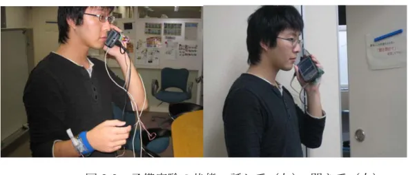 図 3.2 ：予備実験の状態  話し手（左） 、聞き手（右） センサは話し手の方にしか付いていないが、特に話し手のみが話すようには指定を せずに通常の会話のようになるべくしてもらった。話し手に話者を固定にしてしまう と 1 人語りになってしまう恐れがあり、聞き手の反応が良くない場合は話者の方の会 話の盛り上がりをなくしてしまい、特に伝えたいポイントがなくなってしまう恐れを 無くすためである。 アンケートは取らずに実験が終わった後に再度ティースペースに集まってもらい 直接当人に本システムについてどのように感じ