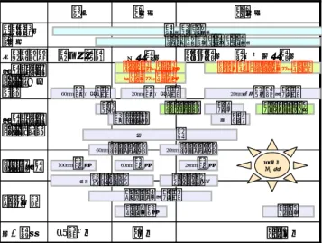 図 3  Ｂ社の事例：統合戦略ロードマップ    社会全般の技術ロードマップとしては、現在の 100nm 粒 子合成が 5 年後には 60nm、10 年後には 20nm 有機無機 複合技術の確立へと発展すると想定した。5 年後にはリス ク管理手法が明確になり、暴露評価手法が確立されること が予測でき、10 年後にはナノ粒子の体系的リスク評価手 法が確立されると見ることができる。    インクジェット、及びコンデンサ部材事業を 5 年後、10 年 後に軌道に乗せ、100 億円事業とするためには自社技術 ロード