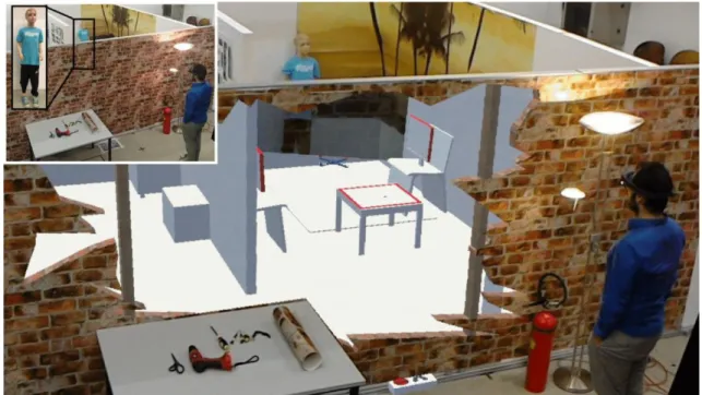 図  4  頭部装着ディスプレイで 3D 空間を視認しながら操縦する 