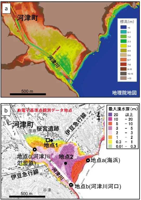 Fig. 3　Location of the study area. a. Topographic map. b. Locations of sampling sites in Kawazu, Southwestern Izu Peninsula, central Japan,  showing prediction of the height of Level 2 tsunami on the coastal lowland areas of Kawazu