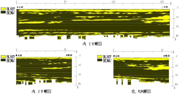 図 -16(b)，(c)に示す B-B’断面および C-C’断面は， 横断方向の地質分布である．事前調査では，縦断方 向 2 箇所の調査しか実施されていないため，横断方 向の地質分布はわかっていない．図 -16(b)，(c)を見 ると，砂層の分布状況が左右で明らかに異なってい る．特に C-C’断面では，断面左側（田名側）に砂層 が厚く堆積していると推定されることから，断面右 側（向笠側）に沈下や変形が集中すると考えられる． 図 -17 は，現場で計測した C-C’断面位置における地 表面沈下の動態観測結果