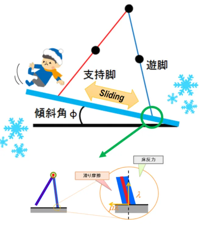 図 1.1: 滑り斜面上における受動 2 脚歩行ロボット