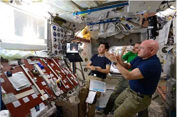 図 3.2-3  ユニティ内に設置された2台目のテーブル（左下：収納状態） (JAXA/NASA) (天井にはプロジェクターがあり65インチの大型スクリーンにビデオを投影可能：2015年4月に設置） 