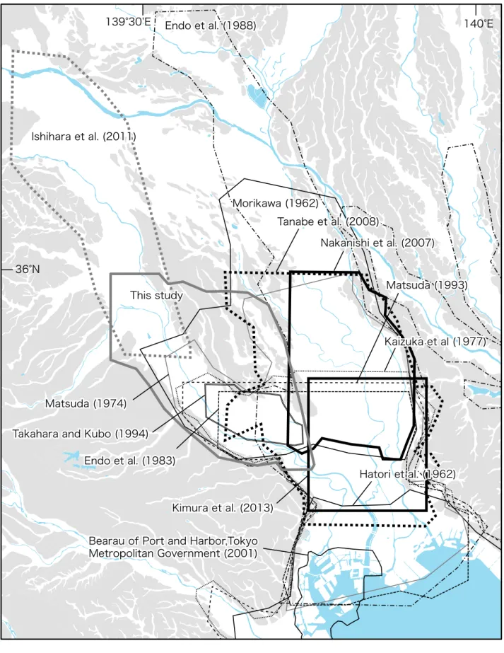 Fig. 2    Areas of previous studies. Seamless digital geological map of Japan (1:200,000) (Geological Survey of Japan,  2009) is used for an outline of uplands and water areas.