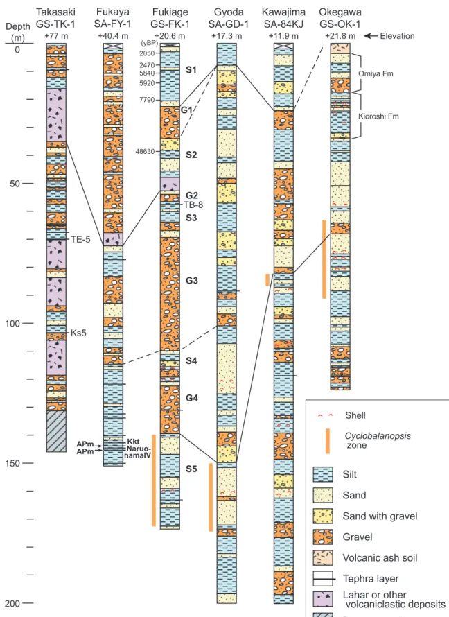 Fig. 5. Geologic columnar sections of existing drilling cores and their correlations.