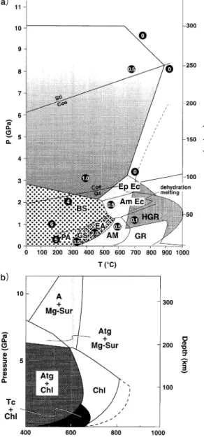 Fig.  2  a)  Petrogenetic  grid  for  the   MORB+H20  system  (modified  after  Okamoto  and  Maruyama,  1999) 