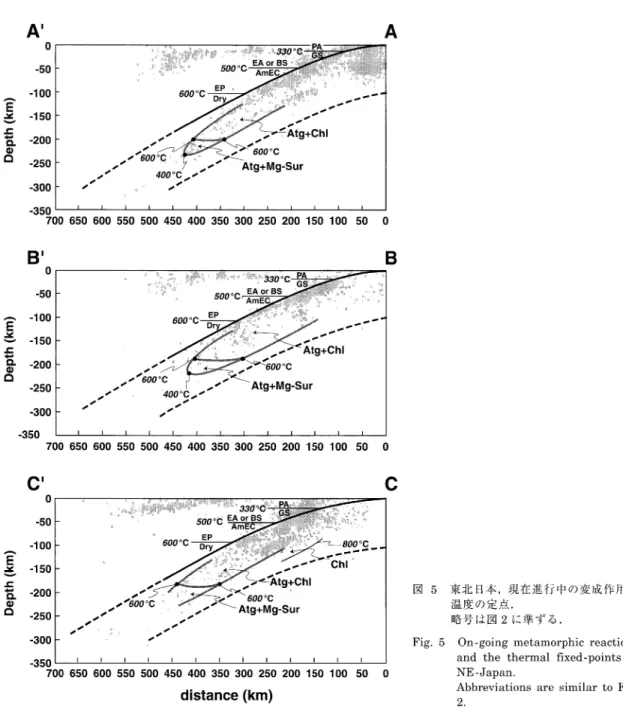 Fig.  5  On-going  metamorphic  reactions  and  the  thermal  fixed-points  in  NE-Japan