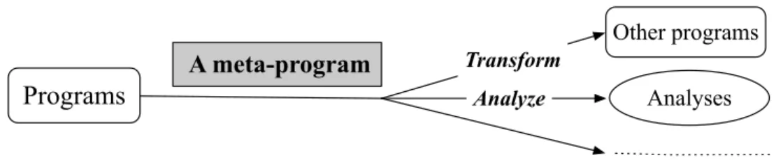 Figure 2.9: A meta-program takes programs as inputs and perform some useful compu- compu-tations, such as transforming and analyzing.