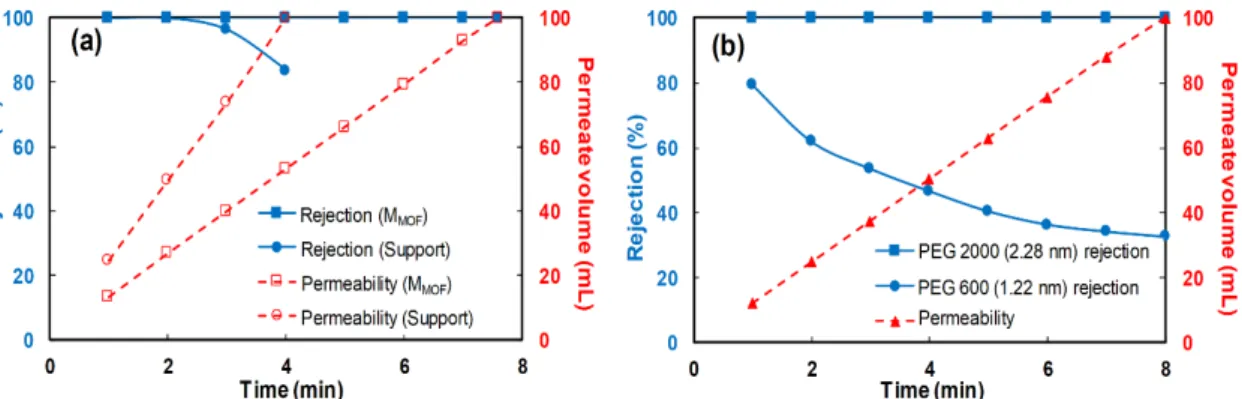 Fig. 2. Filtration performance of a membrane filled by UiO-66 nanoparticles: (a) methylene blue filtration  and (b) polyethylene glycol filtration 