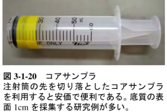 図 3-1-20  コアサンプラ  注射筒の先を切り落としたコアサンプラ を利用すると安価で便利である。底質の表 面 1cm を採集する研究例が多い。 1995）ので、コアサンプラで表泥 1cm 程度（6ml 程度）を採取し、サンプルと等量の DMF で色素を抽出して蛍光分析に供する。DMF を直接コアサンプルに加えて遠心分離した上澄みを分析に用いるため、50ml の遠心管にサンプルを採取すると作業が容易になる。 底質中の粒状有機物の安定同位体比分析には、コア サンプルに蒸留水を加えて超音波処理することで表