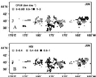 Figure  2.  Potential  squid  fishing  grounds  for  June  inferred  from  (A)  GAM  and  (B)  Maxent  summer  models