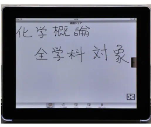 図 2  電子黒板上での文字拡大  図 3 は Android 端末に電子黒板データを転送したも の、図 4 は iPad に電子黒板データを転送したものであ る。 図 3  Android 端末に電子黒板データを転送  図 4 iPad 端末に電子黒板データを転送 図 5 には、iPad のアクセシビリティ機能で、画面を 反転させたものである。電子黒板のデータが黒白反転 していることがわかる。  図 5  黒白反転させた iPad 端末  このように電子黒板で表示する場合には、利用者の状況を考慮する必要が