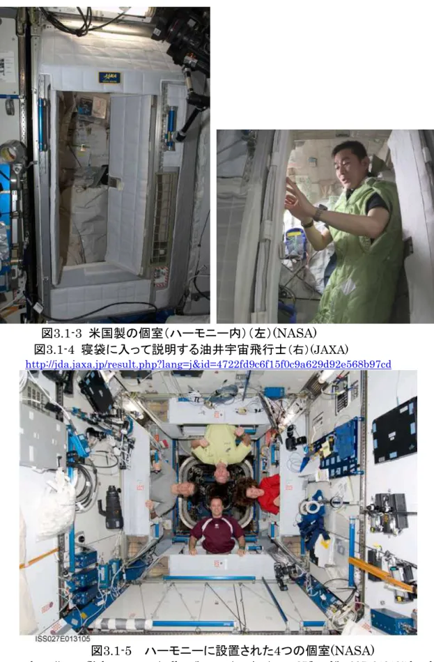 図 3.1-3  米国製の個室（ハーモニー内）（左）(NASA)  図 3.1-4  寝袋に入って説明する油井宇宙飛行士 （右）(JAXA)