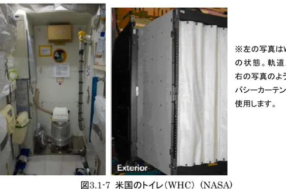 図 3.1-7  米国のトイレ（WHC）  (NASA)  http://spaceflight.nasa.gov/gallery/images/station/crew-19/html/iss019e005736.html  http://www.nasa.gov/images/content/286879main_engelbert_6_whc.jpg  ISSでトイレを使用する時に、パネルの「尿タンクが一杯」という赤いライトが点灯した場合 は、使用した人がその尿タンクの交換作業をすることになります。 