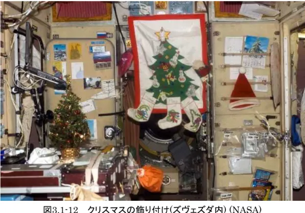図 3.1-12    クリスマスの飾り付け(ズヴェズダ内) (NASA)  http://spaceflight.nasa.gov/gallery/images/station/crew-14/html/iss014e10250.html なお、ISS内での祭日は、国際的な取り決めで決められています。これまでは米 国とロシアの代表的な祭日だけでしたが、日本やヨーロッパの宇宙飛行士が長期 滞在を行うようになったため、日本の重要な祭日も休みに組み込まれるようになり ました。  ISSで、物を無くしてしまうと大