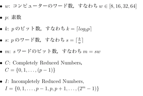 表 3.2: Modular Addition with Complete Reduction INPUT: integers a, b ∈ [0, p − 1], c < 2 w