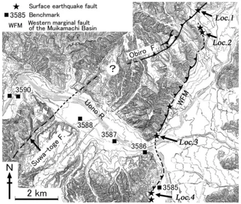 Figure 2    Surface earthquake faults and benchmarks of leveling survey (simplified  from Watanabe et al