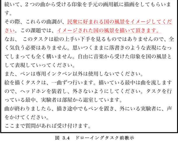 図   3.4    ド ロ ー イ ン グ タ ス ク 前 教 示                         続いて、2 つの曲から受ける印象を手元の画用紙に描画をしてもらいます。  その際、これらの曲調が、民衆に好まれる国の風景をイメージしてください。この課題では、イメージされた国の風景を描いて頂きます。  なお、  このタスクは絵の上手い下手を見るものではありませんので、全く気負う必要はありません。思いつくままに落書きのような表現になってしまっても全く構いません。自由に音楽から受けた印象を国の風