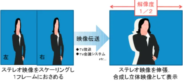 図 2 視差映像を伝送する場合の立体視の問題点 い場合がある．一方，対象に赤外線光を照射して反射光 の位相のずれによって対象物までの距離を得る方法が近 年実用化されてきた [12] ．赤外線光を照射する必要があ るため計測範囲が制限されるが，処理が単純なことから 高速かつ精度よく奥行を取得することが可能である．今 回の撮影対象は手話であり限られた空間のみの撮影にな るため，後者の方法を採用し立体映像撮影カメラシステ ムを試作した． 3.1 立体映像の表示 立体映像を観察者に提示する代表的な方法として，液 晶