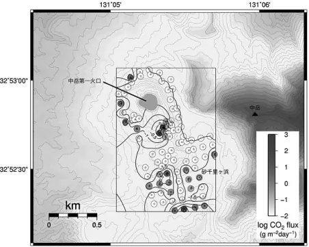 Fig. 3.  Map of observation points and the results of CO 2 fluxes from the soil around Aso Nakadake.