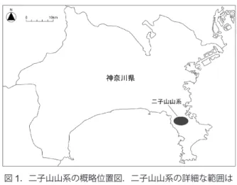 図 1 ．二子山山系の概略位置図．二子山山系の詳細な範囲は 神奈川県ホームページ内「二子山山系自然保護共同事業 について」の地図を参照されたい .