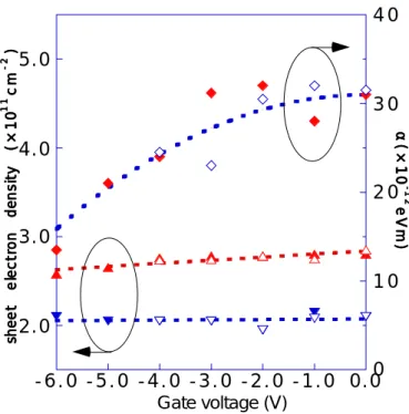 Fig. 1 Gate voltage dependencies of sheet electron densities, n s +  and n s - , of splitted bands and  α zero  in front-gated Hall-bar samples