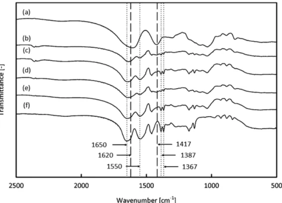 Figure 2-2 FTIR spectra of (a) calcium alginate beads and IPN beads prepared with  initial NIPAM monomer concentration and synthesis temperature of (b) 4.8 wt% and  10 °C, (c) 14.4 wt% and 10 °C, (d) 4.8 wt% and 40 °C, (e) 14.4 wt% and 40 °C, and (f)  PNIP
