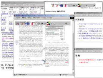 図  画面イメージ 照、検索を可能にすることで、興味深い対象へのメモや現場で得られた知見といっ たアノテーションとして記録される個人的情報の継続的活用を可能にし、可用性 を高めることを第一の目的としている。 ユーザは、デジタルアシスタントサービスの大会プログラム一覧から論文を選 択、閲覧し、これに手書きペン入力によるアノテーションを残すことができる。本 システムは 2  ブラウザ上で動作し、表示論文の拡大縮小など閲覧のための基本 的機能と、色や太さといったペンの種類を選択しての書き込みやアンドゥが可能な 手