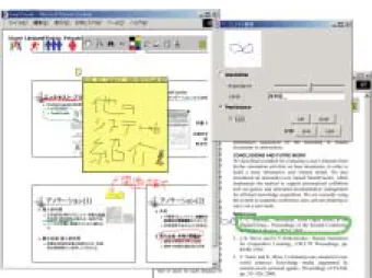 図   画面イメージ 線、波線、ハイライトマーカー、括弧、四角、丸などの囲みによるマーキング、付 箋の添付、メモやイラストなどが観察された。マーキングの対象としては、背景、 目的、機能、要素技術、結論といった、論文の要点を読みこむためのものがほとん どであり、全学生が  種類以上、最大で  種類の異なるマーキングを使い分けてい た。使い分けは、目的や機能などの対象テキストの内容や、再読時に注目すべき度 合いといった基準で行われていた。メモは、論文全体か項目毎の要約文が最も多 く、論文と関連するアイデアのメモ