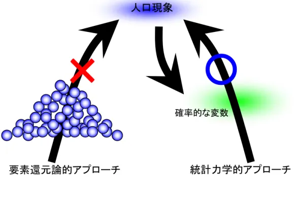図 2.2  本研究のアプローチ    上記のようなアプローチで人口現象の解明を試みるが，その流れを図 2.3 に示す． 現象の観察において，着目するのは人口および人口移動のサイズ分布である．この サイズ分布にパターン，規則性を見出す．そして，そのパターン形成の最も本質と思 われる物理的メカニズムを抽出し，モデル化およびシミュレーションを行う．最後に，こ のシミュレーション結果と現実データの比較・検討を行う．人口現象 要素還元論的アプローチ × ○確率的な変数  統計力学的アプローチ 