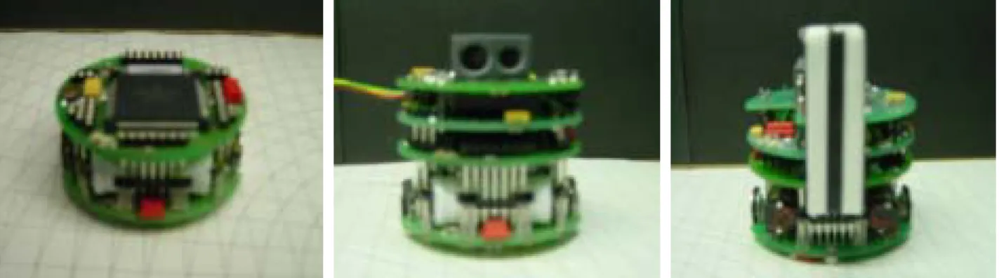 図 6.5: 自律移動ロボット Khepera (左から本体, K213 視覚モジュール搭載, リーダ機) れることが望ましいといえる．しかし，本研究ではダイナミカルなアプローチと，ビヘー ビアベースドなアプローチの融合による，ハイブリッドなアプローチの立場をとってお り，本研究で提案した手法もその解の一つとして十分有効であるといえる．このような， ダイナミカルなアプローチとビヘービアベースドなアプローチの配合割合を考えること は，これからの研究において必要であるといえる． 6.6 実機への実装の試みと展望