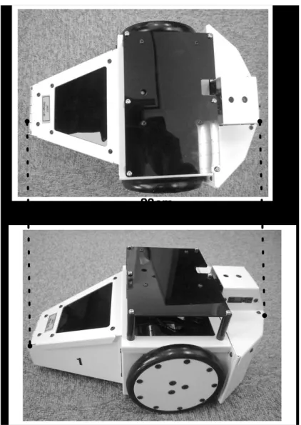 図 5.1: モバイルロボットモデル モバイルロボットは，半径 15 センチメートルの円とする．移動速度は 1 メートル / 秒で移動し，加速や減速のために移動速度は変化しない物とする． モバイルロボットは，ワイヤレスネットワークとポジショニングシステムが任意の タイミングで利用可能である． モバイルロボットはモーションプランニングシステムを利用し，直線的な移動経路 を設計可能である．全てのモバイルロボットは，非同期のタスクを実行しているた め，全てのモバイルロボットは他のモバイルロボットのタスクを意識する
