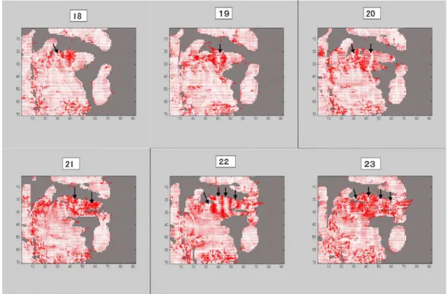 図 3.1  突出し状態におけるフレーム 18 から 23 までの速度場である．矢印は垂直方 向における縦方向の圧縮の状態を表す． 