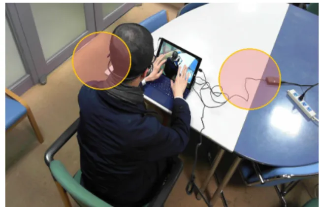 Fig. 5 User interface for inputting answers in experiment 2 (with self-observation). 実験 2 においても，実験 1 と同じ音声ストループ課題を 使用する．ただし，被験者が回答を入力するインタフェー スを，自己観察時に視認可能なレベルの身体動作をともな うものに変更した．すなわち，実験 1 では回答の入力に はキーボードの J と F のキーを使用したが，実験 2 では， タッチパネル機能を有するモニタの画面上の左半分と右半