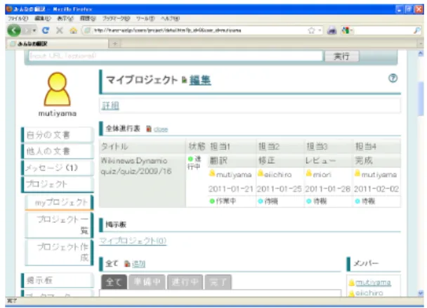 図 2: 対訳検索画面 イトをオープンした結果，グループ翻訳の需 要が高いことが判った． グループ翻訳としては，たとえば，大学の 授業で翻訳をしたり，ボランティアのグループ が翻訳したりすることが考えられる．それら をサポートするために，プロジェクト管理機 能を付けた ( 図 3) ． プロジェクト管理機能の役割は，特定の文 章を翻訳する際に，翻訳の役割毎に担当者を 割当てて締切を設定し，メッセージにより，順 番や締切などを通知することである．プロジェ クト管理者は，一つないし複数の文書をプロ ジェクトに登