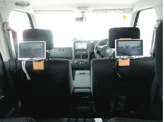 図 4.3  車内に後席ディスプレイを設置した様子 これにより後席乗員は通常の状態では得ることが難しい車両前方の視野（運転フ レームの視覚的情報）を得ることが容易になるため，乗員全員が運転手とほぼ同じ視 野を共有することが可能となる．つまり，運転フレームを乗員全員で共有することが 可能となる．なお，全員で共有する認知フレームに運転フレームを選択したのは，運 転の安全性を確保するためには運転手が必ず運転フレームに所属していなければな らないためである． 後席ディスプレイ条件での車内会話の認知フレームのイメージ