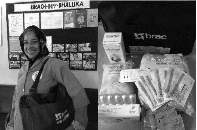 Figure 4-2 Shasthy Sebika (left), medicines and health commodities inside the Shasthya  Sebikas’ carrier bag (right), (source: Authors’ interview)