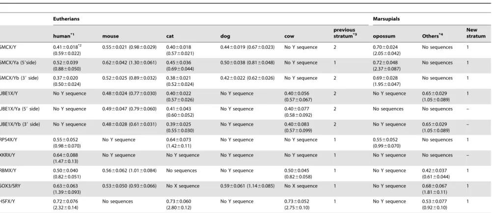 Table 1. The extent of nucleotide differences (divergences) per synonymous site values of seven gametologs in eutherians and marsupials.