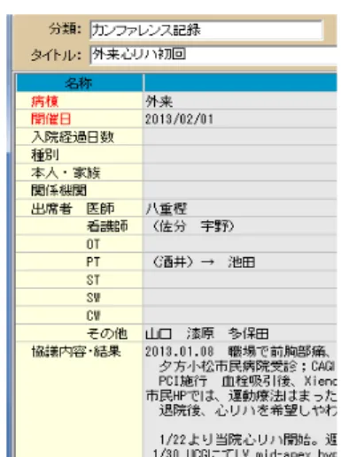 図  10  Y 病院の外来心臓リハビリカンファランスの記録  （2013 年 2 月 1 日筆者作成）  カンファランスを行ったことによる効果として、多職種から患者への声かけ や問いかけによるフィードバックが、 1 セッションのうちに何度も声かけがお こなわれるようになった。目標の確認を繰り返すことと、目標達成への支援や それに伴うリスク管理がなされていった。患者の体調の確認と異常が見られた 場合の早期の対応、および看護師による生活状況を確認する面談が確実にチェ ックリストを作っておこなわれるようになり、