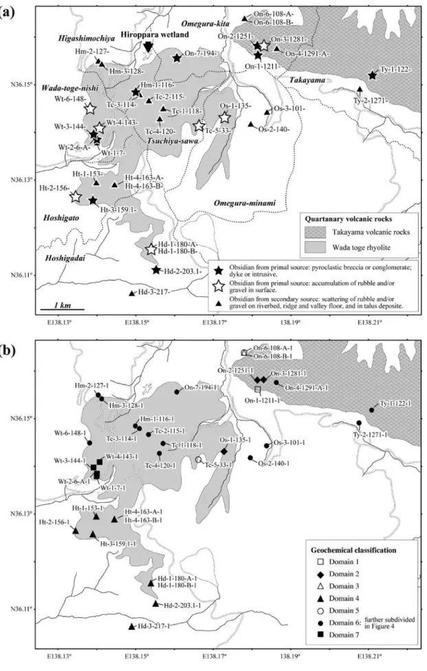 図 １  （a）本研究における霧ヶ峰地域の地域区分と黒曜石原産地の分布．